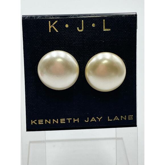 Kenneth Jay Lane KJL Silver Tone Round Faux Pearl Ivory Pierced Stud Earrings - Picture 3 of 13